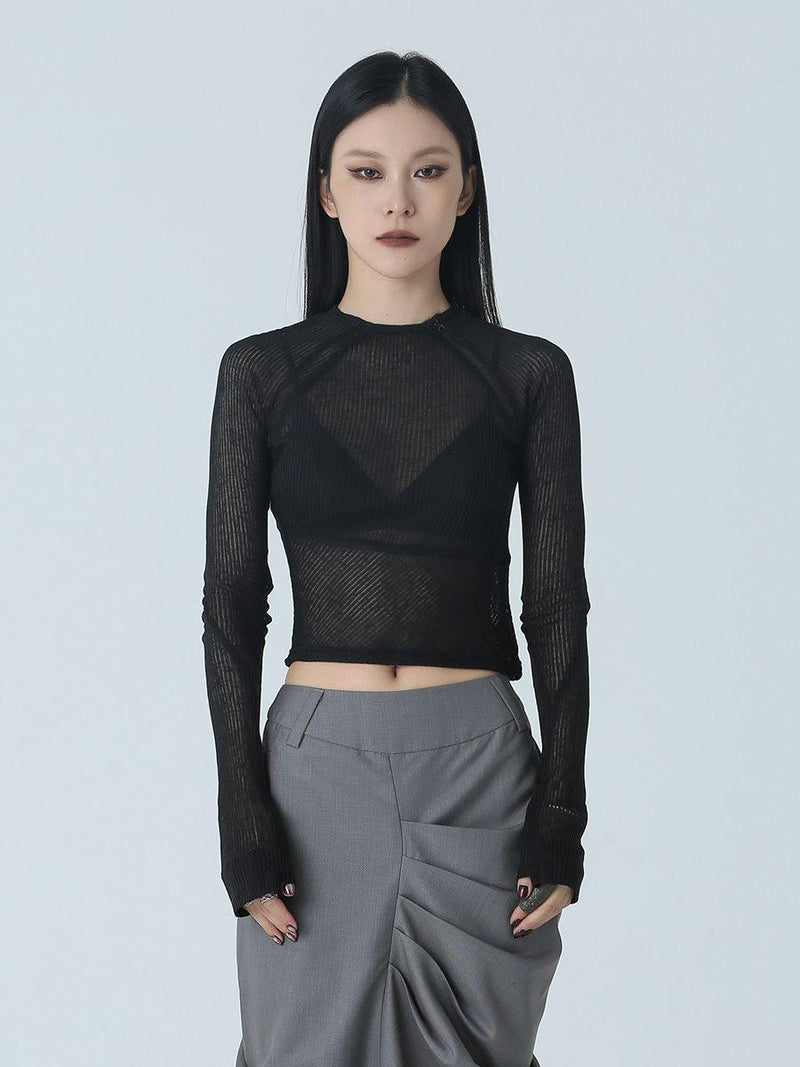 Thin Zipper Slim Perspective Short T-shirt - runwayfashionista.com