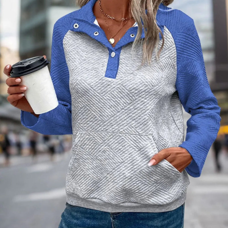 Contrast Textured Long Sleeve Sweatshirt - runwayfashionista.com