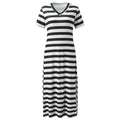 A collection of V-neck casual loose midi dresses with striped patterns and side slits, available in various colors.