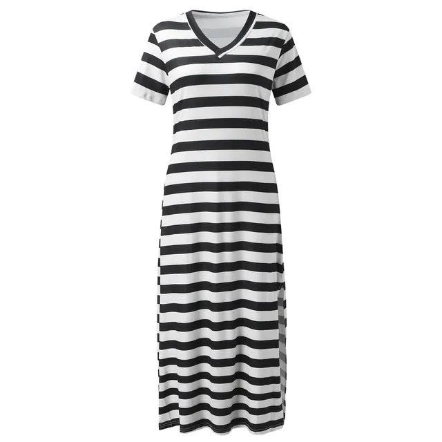 A collection of V-neck casual loose midi dresses with striped patterns and side slits, available in various colors.