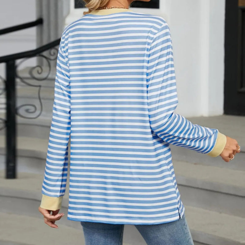 Pocketed Striped Round Neck Long Sleeve T-Shirt - runwayfashionista.com