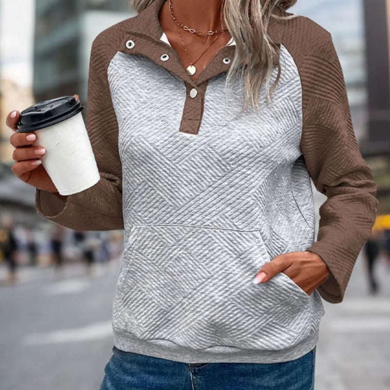 Contrast Textured Long Sleeve Sweatshirt - runwayfashionista.com