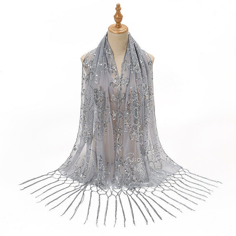 Long Fringe Sequin Embroidered Shawl