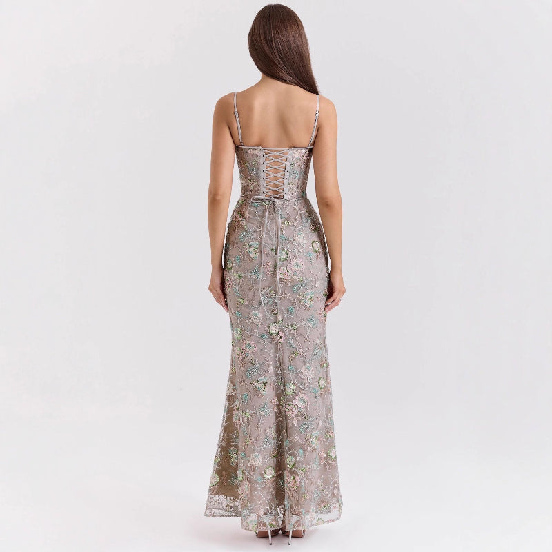 Elegant Low Neck Sleeveless Backless Tie-Up Maxi Dress - Grey