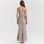 Elegant Low Neck Sleeveless Backless Tie-Up Maxi Dress - Grey