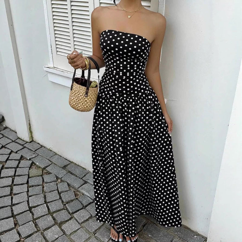 Elegant Polka-dot Off-shoulder Midi Dresses - black