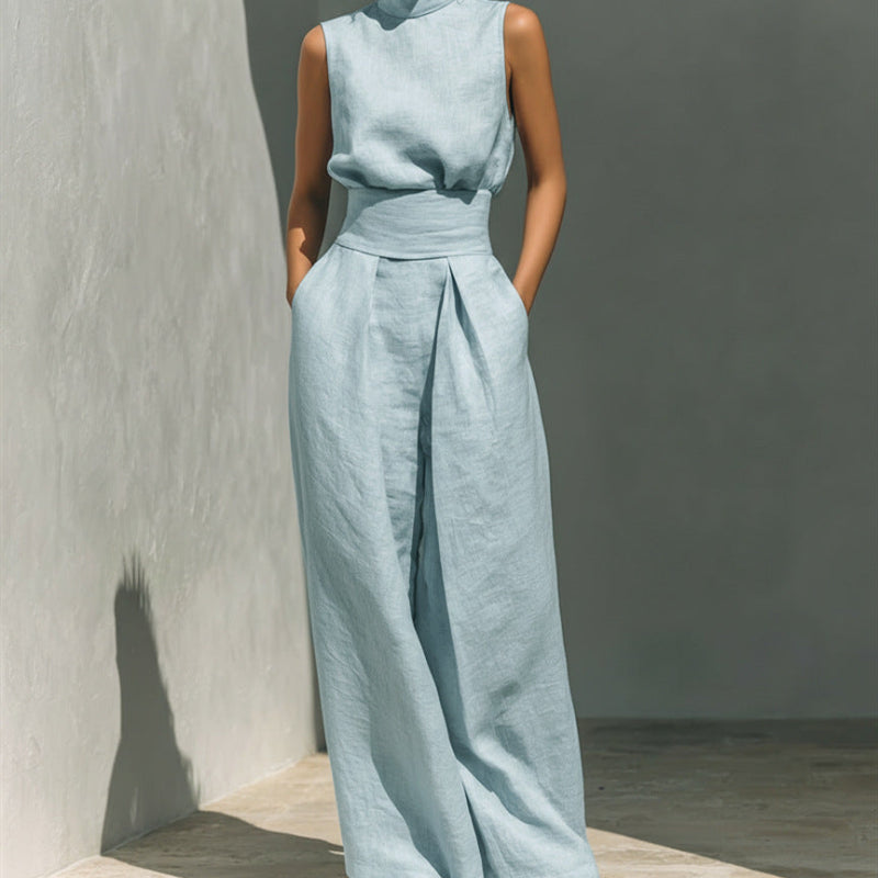 Stand-up Collar Pullover Top And Loose Straight-leg Trousers