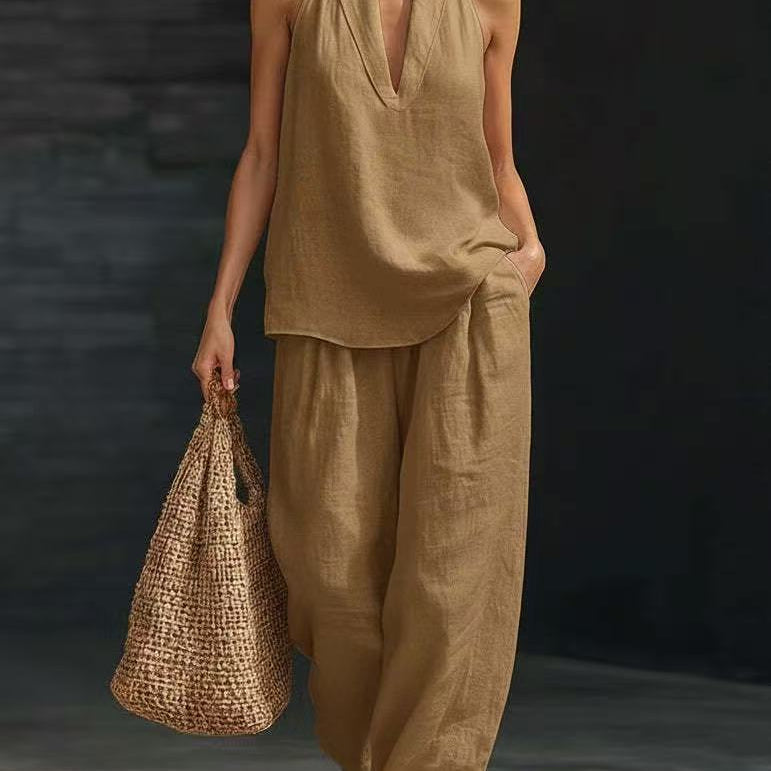 Sleeveless V-neck Halter Top And Wide-leg Pants - brown