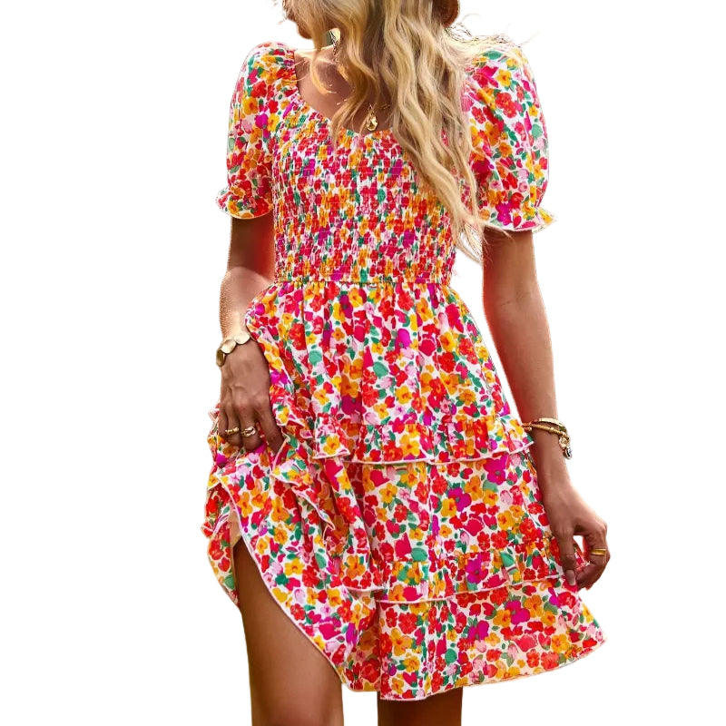 Floral Shirred Puff Sleeve Mini Dress 