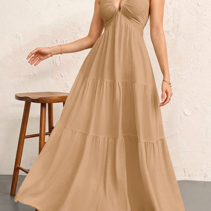 Backless Halterneck V-Neck Pleated A- Line Midi Dress - beige