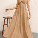 Backless Halterneck V-Neck Pleated A- Line Midi Dress - beige