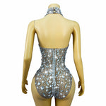 Silver Full-Crystal Rhinestone All-Over Embellished Halter Mock-Neck Keyhole High-Cut Backless Bodysuit