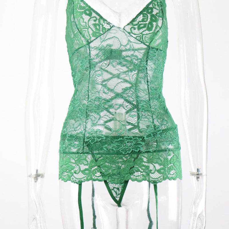 Green Lace Lingerie Slip with White Trim