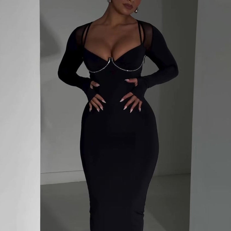 Black Bodycon Midi Dress With Rhinestone Chain Detail And Mesh Sleeves