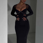 Black Bodycon Midi Dress With Rhinestone Chain Detail And Mesh Sleeves