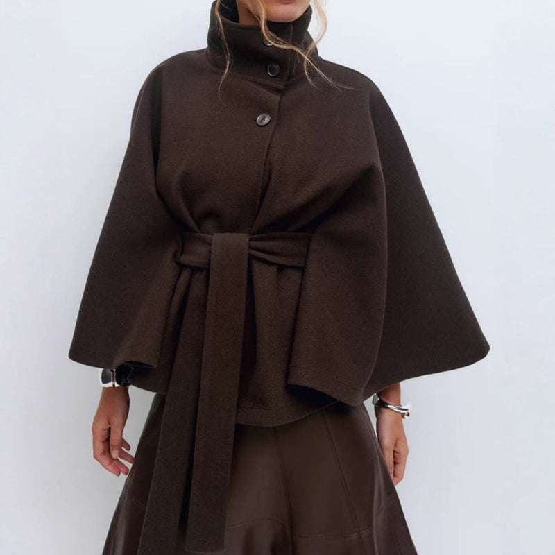 High Neck Batwing Sleeve Coat With Belt - brown