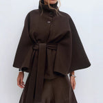 High Neck Batwing Sleeve Coat With Belt - brown