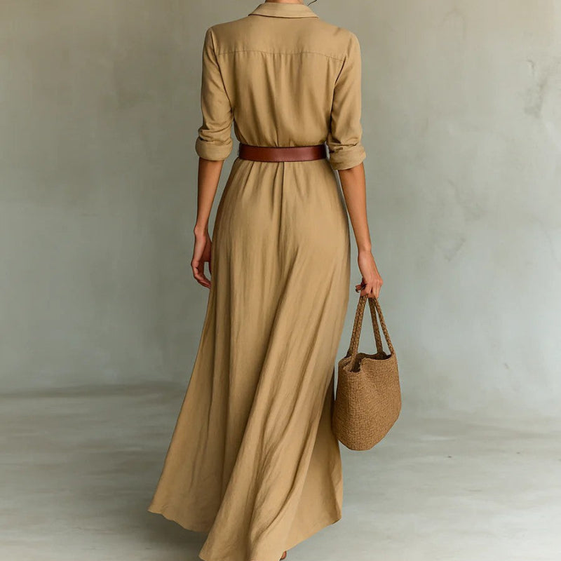 Belted Wrap-Drape Maxi Shirt Dress - khaki - khaki