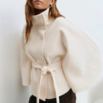 High Neck Batwing Sleeve Coat With Belt - white