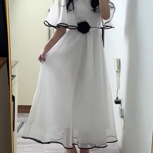 White Chiffon Flutter-Sleeve A-Line Maxi Dress With Black Scallop Trim & 3D Rosette Waist