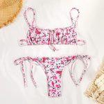 Pink & Blue Ditsy Floral Print Ruched Lace-Up Tassel-Tie Spaghetti-Strap Bikini Set