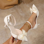 Beige Bow Detail Pointed Toe Ankle Strap Heels