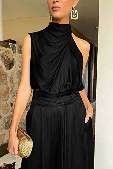 Casual Sleeveless Midriff-baring Top And Wide Leg Pants 2pcs Set - black