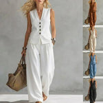 Two-piece V-Neck Sleeveless Vest And Wide Leg Pants - white