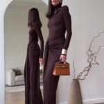 Long Sleeve Slit Maxi Dress - brown