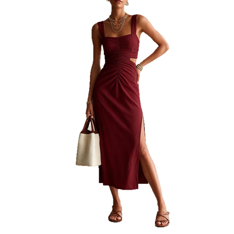 Strap-style Fashionable And Elegant Midi Dress - wine red
