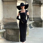 Black Square Neck Hip Wrap Midi Dress With Gloves