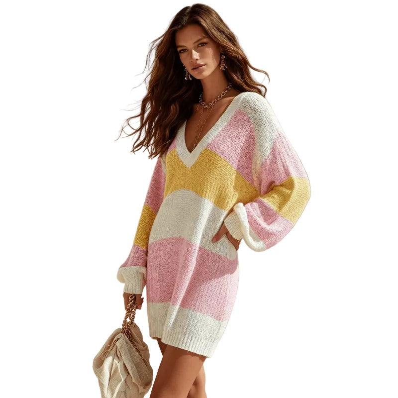 Pastel Striped V-Neck Knit Mini Dress