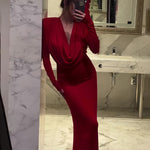 Red Swing Neck Long Sleeve Slim Maxi Dress