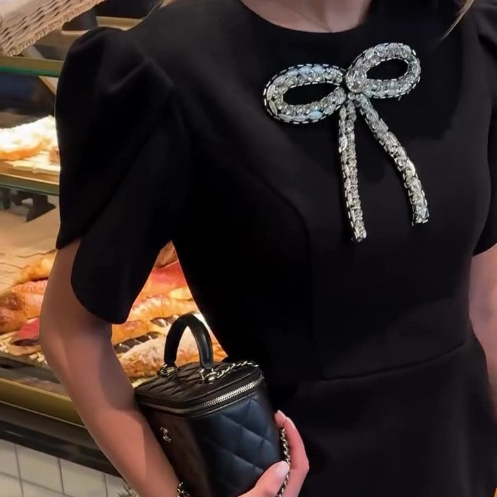 Elegant Rhinestone Bow Petal Sleeve Mini Dress