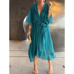Batwing Sleeve V-neck Midi Dress - blue