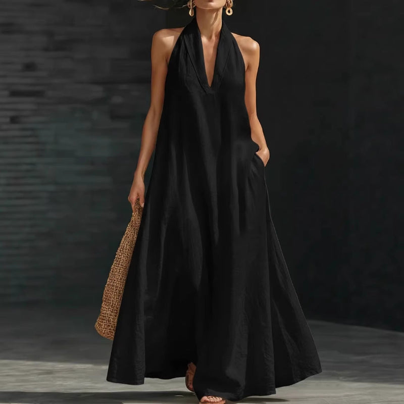 V-neck A-line Maxi Dress - black