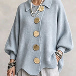 Collared Knit Sweater with Statement Buttons - light blue