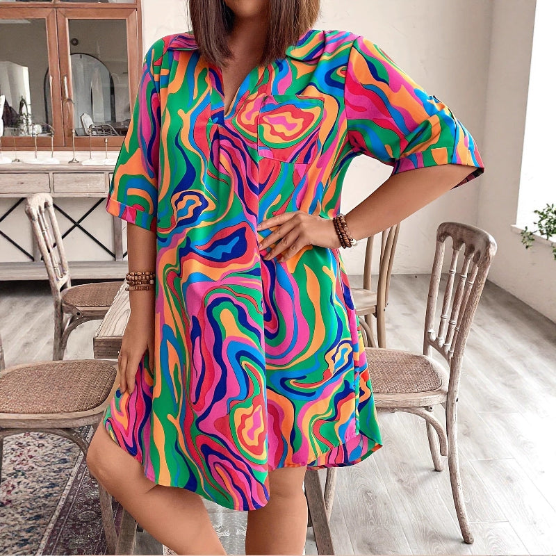 Abstract Swirl Print Camp-Collar Shift Dress - red