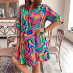 Abstract Swirl Print Camp-Collar Shift Dress - red