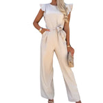 Ruffle Sleeve Belted Wide-Leg Jumpsuit - apricot