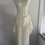 Cream Floral Lace Strapless Sweetheart Corset-Boned Detachable Asymmetric Ruffle-Overlay Midi Dress