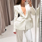 Solid Color Lapel Suit Jacket & High Waist Pants Set