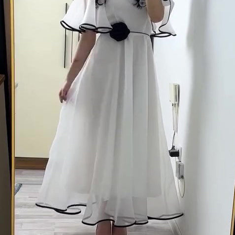 White Chiffon Flutter-Sleeve A-Line Maxi Dress With Black Scallop Trim & 3D Rosette Waist