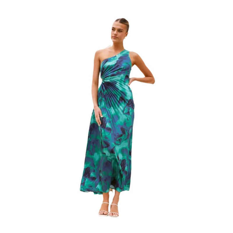 A model wearing a green, off-the-shoulder, sleeveless, pleated, one-shoulder maxi dress, suitable for business or elegant occasions.