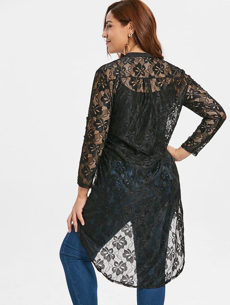 Plus Size Button Up High Low Lace Blouse - runwayfashionista.com