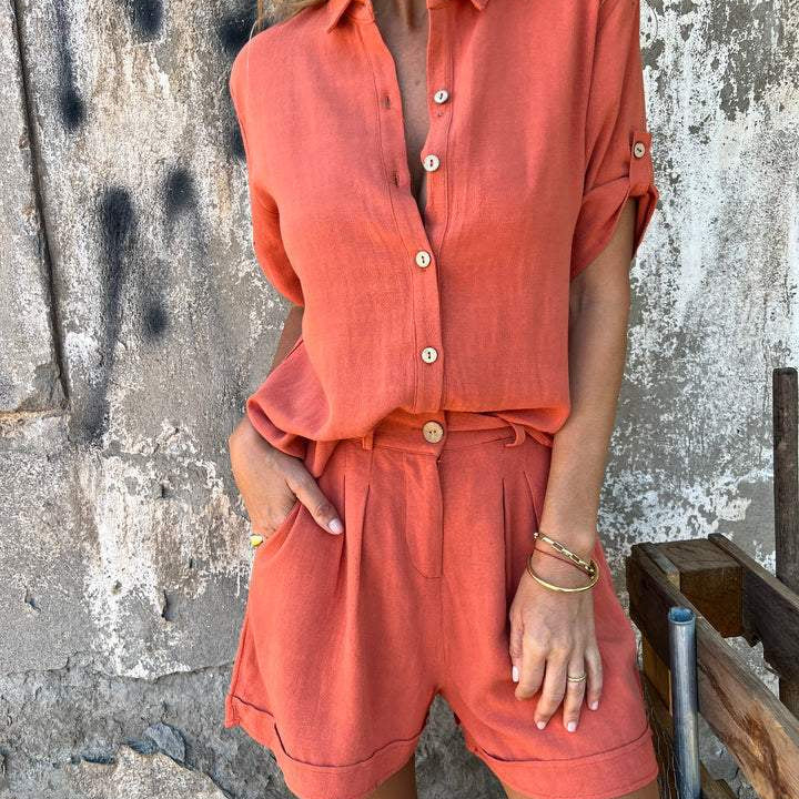 Lapel Button Shirt Top And Pocket Shorts - Orange Red
