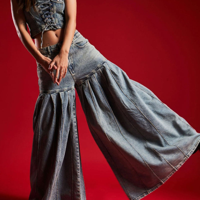 Strapless Denim Corset Crop Top & High - Waisted PleatedWide - Leg Pants Set