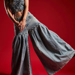 Strapless Denim Corset Crop Top & High - Waisted PleatedWide - Leg Pants Set