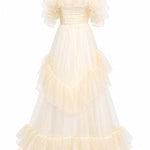 Champagne Off-Shoulder Double-Ruffle Corset-Bodice Tiered Tulle A-Line Floor-Length Maxi Gown