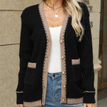 Contrast Trim Button Up Long Sleeve Cardigan - runwayfashionista.com
